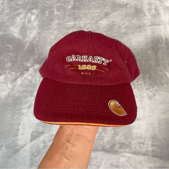 Vintage Carhartt Wool Blend Strap Back Hat Embroidered Y2K Workwear Red - Picture 1 of 8